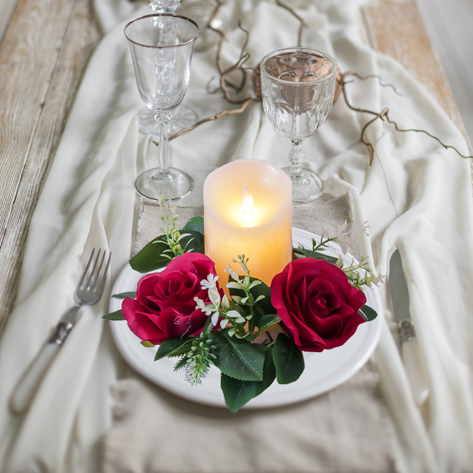 Yoloke Rose Candle Wreath - Artificial Silk Flower Ring for Wedding and Valentine’s Day Table Decorations, Fits Most Candles, Exquisite Centerpiece Accessory